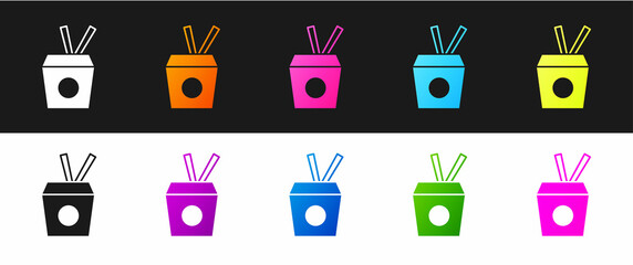 Canvas Print - Set Asian noodles in paper box and chopsticks icon isolated on black and white background. Street fast food. Korean, Japanese, Chinese food. Vector