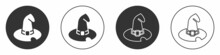 Black Witch Hat Icon Isolated On White Background. Happy Halloween Party. Circle Button. Vector