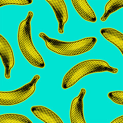 Sticker - Seamless vector pop art pattern of yellow and black dot halftone bananas randomly scattered on green background.