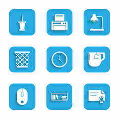 Sticker - Set Clock, Shelf with books, Certificate template, Cup of tea tea bag, Computer mouse, Trash can, Table lamp and Push pin icon. Vector