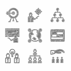 Poster - Set Location on the globe, Hierarchy organogram chart, Boss with employee, Chat messages laptop, People lamp bulb, Training, presentation, and Target arrow icon. Vector