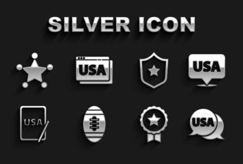 Sticker - Set American Football ball, USA Independence day, label, Medal with star, on graphic tablet, Police badge, Hexagram sheriff and browser icon. Vector