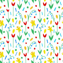 Spring Floral Seamless Pattern. Daffodils, Tulips, Lilies Of The Valley. Primroses. Design Of Fabric, Wrapping Paper.