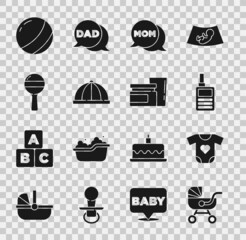 Canvas Print - Set Baby stroller, clothes, Monitor Walkie Talkie, Speech bubble mom, hat, Rattle baby toy, Beach ball and food icon. Vector