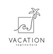 Minimalist palm sunset sunrise beach logo design Line art icon vector illustration. beach waves on tropical islands, beach line art style coconut design Graphic inspiration creative tatto
