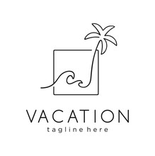 Minimalist Palm Sunset Sunrise Beach Logo Design Line Art Icon Vector Illustration. Beach Waves On Tropical Islands, Beach Line Art Style Coconut Design Graphic Inspiration Creative Tatto