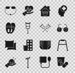 Sticker - Set Medicine pill or tablet, Walker, Eyeglasses, Nursing home, Crutch crutches, Slippers, and icon. Vector