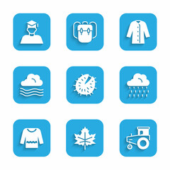 Sticker - Set Chestnut, Leaf or leaves, Tractor, Cloud with rain, Sweater, Windy weather, Raincoat and Graduate and graduation cap icon. Vector