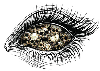 Abstract concept vector illustration of female human eye full of skulls.