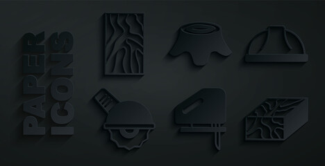 Set Electric jigsaw, Worker safety helmet, circular, Wooden beam, Tree stump and icon. Vector