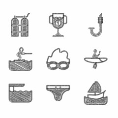 Wall Mural - Set Glasses for swimming, Swimming trunks, Yacht sailboat, Kayak and paddle, Diving board springboard, Water skiing man, Snorkel and Aqualung icon. Vector