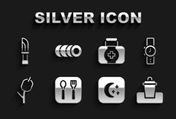 Sticker - Set Fork and spoon, Wrist watch, Trash can, Moon stars, Marshmallow stick, First aid kit, Knife and Blanket roll icon. Vector