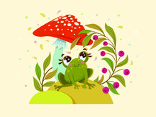 A Cute Frog Sits Under An Amanita Mushroom And Looks At A Sprig Of Cranberries. Vector Illustration.