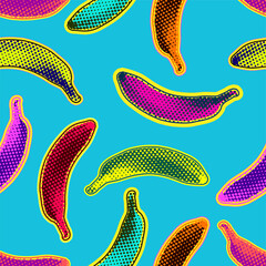 Sticker - Seamless vector pop art pattern of colorful psychedelic dot halftone bananas randomly scattered on light blue background.