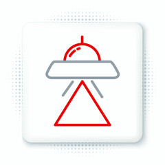 Poster - Line UFO flying spaceship icon isolated on white background. Flying saucer. Alien space ship. Futuristic unknown flying object. Colorful outline concept. Vector