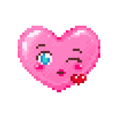 Wall Mural - Pixel art wink and kiss heart emoji. Vintage 8 bit pixel pink emoticon of winking heart kiss goodbye face smile. Cute anime kawaii vector icon. Valentine Day romantic heart-shaped design.
