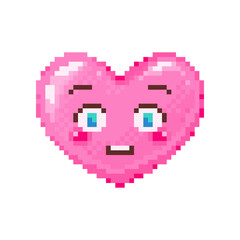 Wall Mural - Pixel art flushed heart emoji. Vintage 8 bit pixel pink emoticon of raised eyebrows surprise face smile. Cute anime kawaii vector icon. Valentine Day romantic heart-shaped design.
