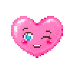 Wall Mural - Pixel art winking heart emoji. Vintage 8 bit pixel pink wink emoticon of positive flirt face smile. Cute anime kawaii vector icon. Valentine Day romantic heart-shaped design.
