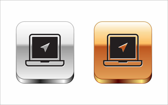 Black Laptop with location marker icon isolated on white background. Silver and gold square buttons. Vector