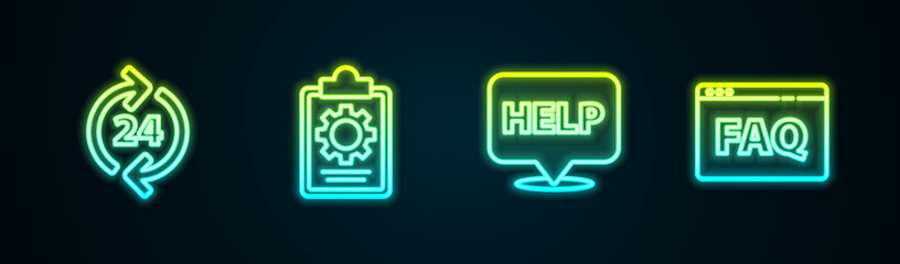 Poster - Set line Telephone 24 hours support, Checklist with service, Speech bubble text Help and Browser FAQ. Glowing neon icon. Vector