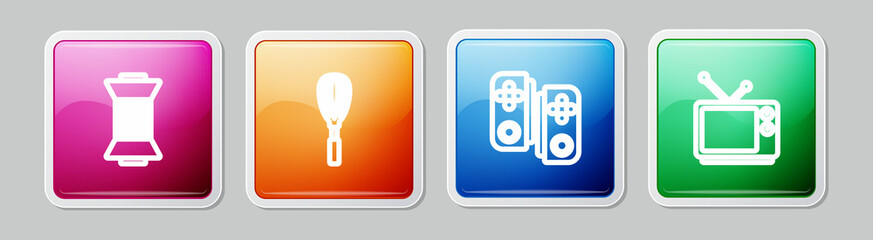 Poster - Set line Sewing thread on spool, Kitchen whisk, Gamepad and Retro tv. Colorful square button. Vector