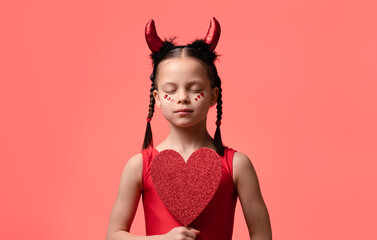 Wall Mural - Little girl with closed eyes and pigtails in costume of little devil holding red heart in hands against red background