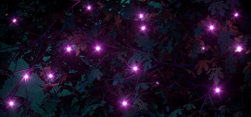 Canvas Print - Sci Fi Futuristic Glowing Purple Fairy Lights Neon Fluorescent In Dark Fresh Vibrant Leaf Bush Night Realistic Magical Background 3D Rendering