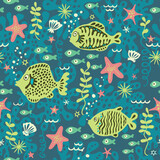 Fototapeta Dinusie - Cute seamless pattern with underwater live: starfish, fishes. Vector tropical background.
