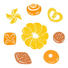 Wall Mural - Pastry and bread set. Colorful paper cut collection of baked goods isolated on white background. Doodle hand drawn bakery products icons. Vector illustration