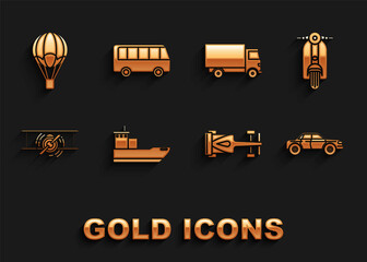 Sticker - Set Cargo ship, Scooter, Sedan car, Formula race, Old retro vintage plane, Delivery cargo truck vehicle, Hot air balloon and Bus icon. Vector