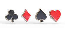 Aces Playing Cards Symbol Clubs, Diamons, Spades And Hearts With Red And Black Colors Isolated On The White Background. 3d Render Illustration