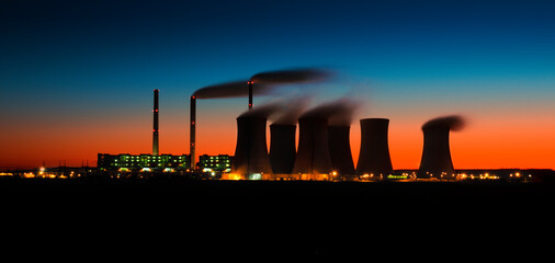 Wall Mural - coal fired power station and Combined cycle power plant at sunset, Pocerady, Czech republic