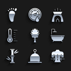 Wall Mural - Set Sauna broom, hat, Massage, Bathtub, Bamboo, thermometer, Aroma candle and Foot massage icon. Vector