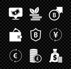 Sticker - Set Stacks paper money cash, Dollar plant, Financial growth and bitcoin, Coin with euro symbol, pound, Money bag, Wallet and Shield icon. Vector