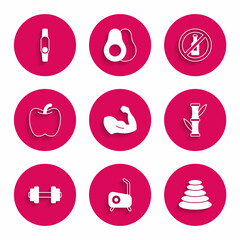 Poster - Set Bodybuilder muscle, Stationary bicycle, Stack hot stones, Bamboo, Dumbbell, Apple, No alcohol and Smartwatch icon. Vector