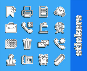 Sticker - Set line Paper clip, Telephone handset and speech bubble chat, Target, File document, Briefcase, Bookmark and Table lamp icon. Vector