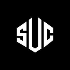 SUC letter logo design with polygon shape. SUC polygon and cube shape logo design. SUC hexagon vector logo template white and black colors. SUC monogram, business and real estate logo.