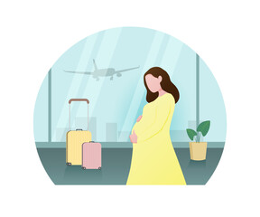 Pregnant woman at the airport, the concept of flight and rest for expectant mothers. Vector illustration in a flat style