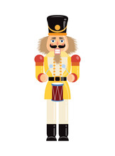 Christmas Nutcracker Concept. Colorful Sticker With Man In Yellow Army Uniform Playing Drums. Design Element For Toys And Postcards. Cartoon Flat Vector Illustration Isolated On White Background