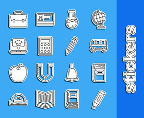 Wall Mural - Set line Marker pen, Book, School Bus, Test tube and flask chemical laboratory, Calculator, Graduation cap on screen laptop, Briefcase and Pencil with eraser icon. Vector