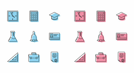 Canvas Print - Set line Triangular ruler, Briefcase, Clock, Certificate template, Ringing bell, Identification badge, Test tube and flask chemical laboratory and Calculator icon. Vector