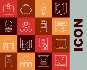 Wall Mural - Set line Online education, Laptop, quiz, test, survey, Microphone, Computer network, Create account screen, Video chat conference and book mobile icon. Vector