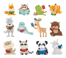Vector Collection Of Cute Cartoon Animals With Books. Characters For Children's Books, Cards, Stickers, Prints. Illustrations For Kids.