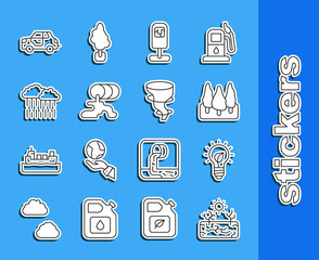 Sticker - Set line Drought, Light bulb with leaf, Forest, Trash can, Barrel oil leak, Cloud rain, Car and Tornado icon. Vector