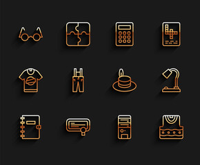 Sticker - Set line Spiral notebook, Certificate template, Eyeglasses, Computer, Waistcoat, Pants with suspenders, Table lamp and Man hat icon. Vector