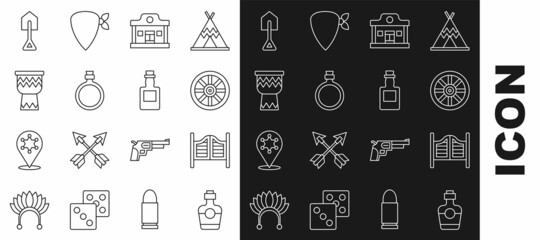 Sticker - Set line Tequila bottle, Saloon door, Old wooden wheel, Wild west saloon, Canteen water, Drum, Shovel and icon. Vector