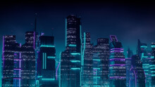 Sci-fi Cityscape With Purple And Cyan Neon Lights. Night Scene With Futuristic Architecture.