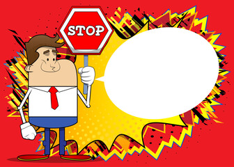 Wall Mural - Simple retro cartoon of a businessman holding a stop sign. Professional finance employee white wearing shirt with red tie.