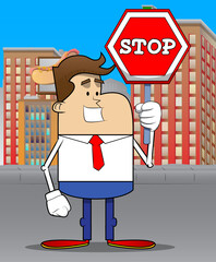 Wall Mural - Simple retro cartoon of a businessman holding a stop sign. Professional finance employee white wearing shirt with red tie.