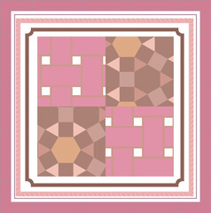 Poster - scarf pattern design on red. Geometric ornament with frame, border. Bandanna, shawl, scarf, tablecloth design for textile fabric print 